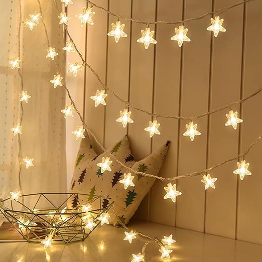 Gesto Serial String Lights - 14 LED Crystal Star, 10 Feet Warm White Fairy Lights for Home,Mandir,Pooja Room, Deepawali & Diwali Decoration, Christmas Tree Decoration,Festival Decorative Lights